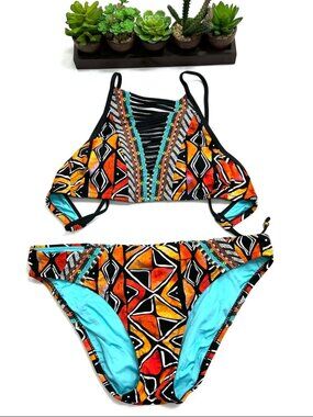 2pc Nanette Lepore Stargazer Strappy Mozambique African Bikini Set size XS/S